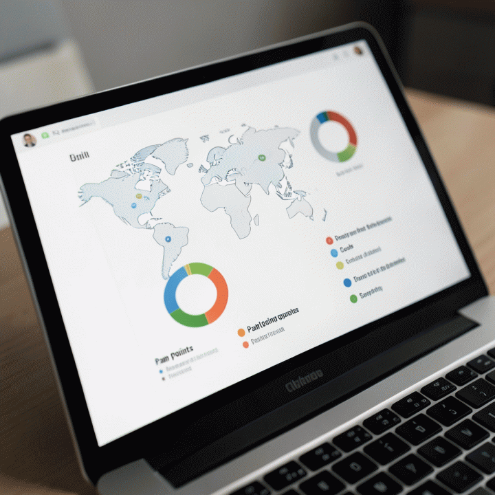 Tampilan antarmuka laptop yang menampilkan profil persona pengguna secara terstruktur dengan grafik dan diagram alir, menunjukkan tahapan riset mendalam.