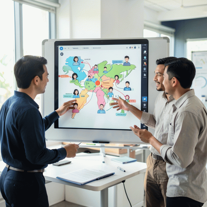 Tim pemasaran Indonesia sedang berdiskusi dan menyusun peta perjalanan pelanggan (customer journey) yang kompleks menggunakan alat visualisasi di layar sentuh besar.