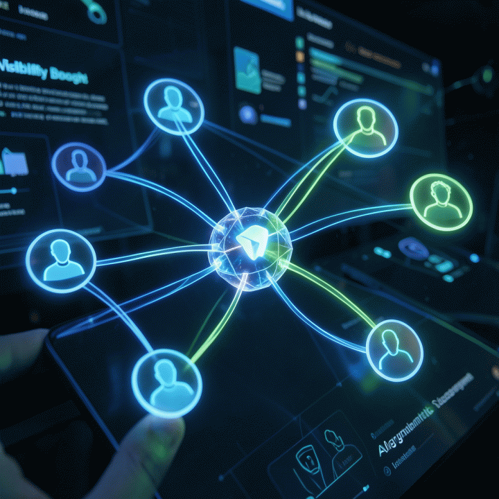 Visualisasi konseptual peningkatan visibilitas personal brand di platform profesional berkat optimasi kecerdasan buatan.