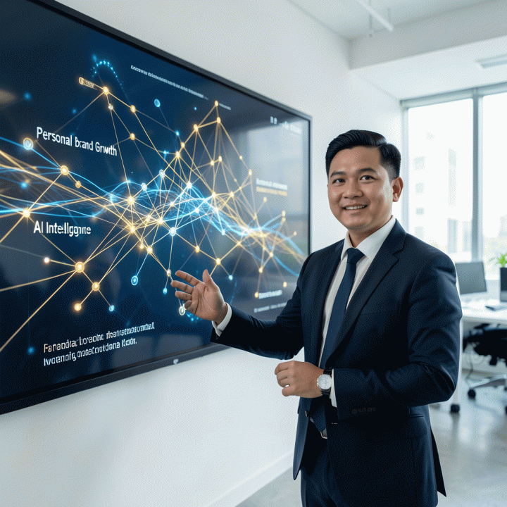 Seorang profesional Indonesia modern berdiri di kantor futuristik, menampilkan konsep pertumbuhan personal brand dan kecerdasan AI melalui visualisasi data abstrak yang canggih.
