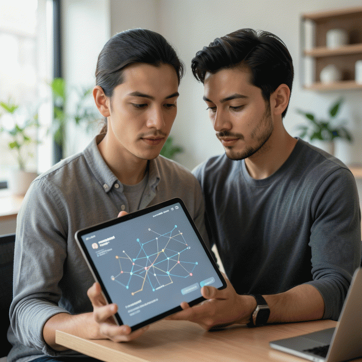 Seorang profesional muda yang sedang menyusun personal branding menggunakan tablet di lingkungan kerja modern, menunjukkan ide-ide struktural dan sinergis.