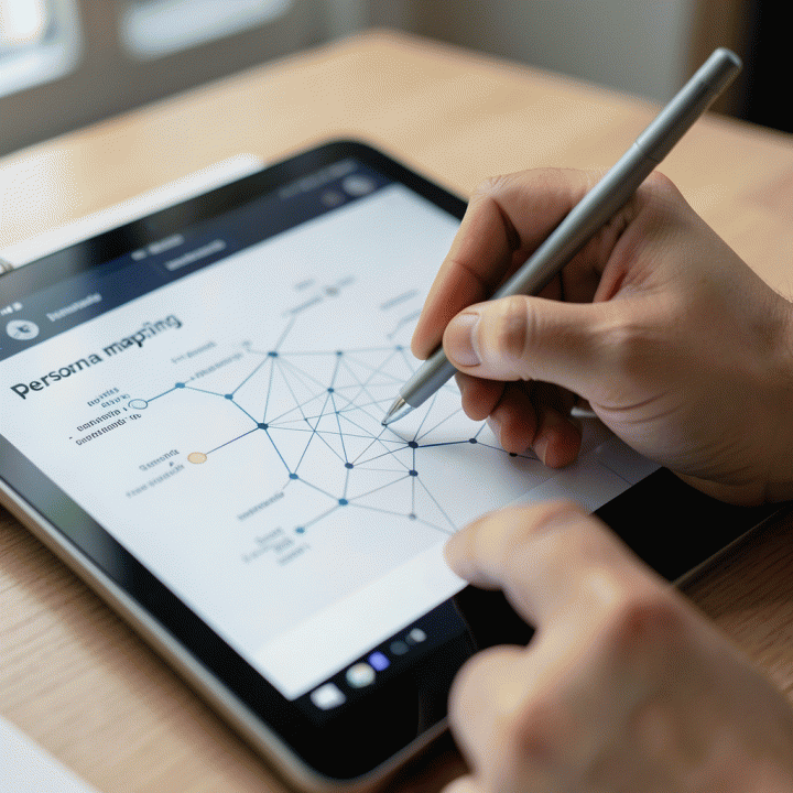 Tangan menggunakan stylus pada tablet untuk memetakan persona yang terstruktur dan ide-ide koneksi di antara konsep.
