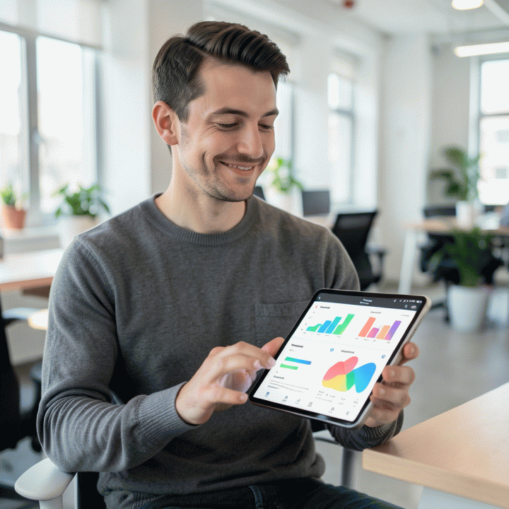 Seorang freelancer menggunakan aplikasi manajemen keuangan di tablet, menunjukkan antarmuka yang terbagi dan jelas antara data bisnis dan pribadi.