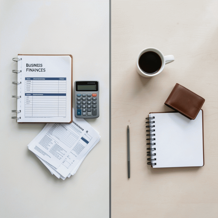 Tampilan datar (flat lay) meja kerja yang menunjukkan pemisahan visual antara alat keuangan bisnis (faktur, buku besar) dan keuangan pribadi (dompet, buku harian).