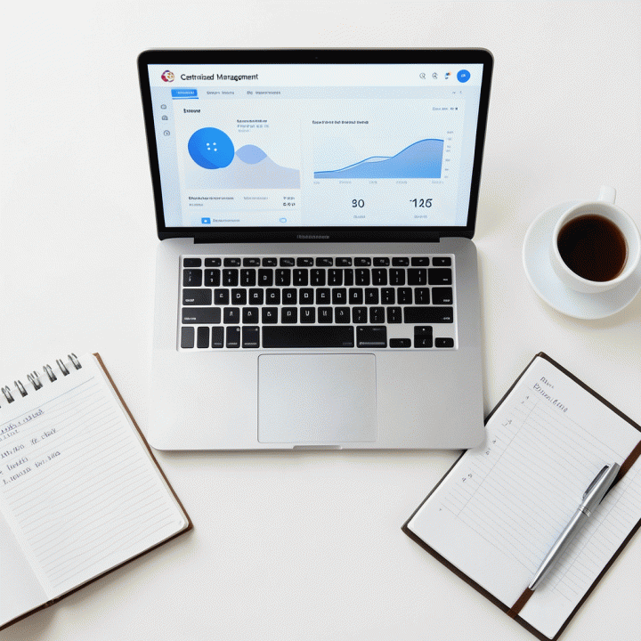 Tampilan meja kerja yang rapi dan terorganisir, menampilkan laptop dengan dasbor manajemen karir dan alat tulis, melambangkan perencanaan karir yang sistematis.