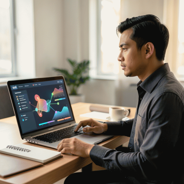 Seorang profesional muda Indonesia di meja kerja yang rapi, menggunakan laptop yang menampilkan dasbor manajemen prospek kerja yang terstruktur dan modern, melambangkan organisasi dan efisiensi dalam mencari karir.