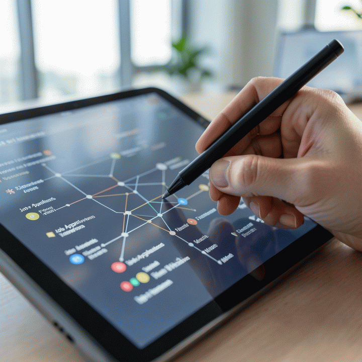 Tangan yang sedang menelusuri peta visualisasi data karir dan pelacakan prospek di tablet digital.