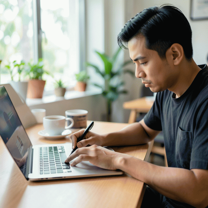 Seseorang yang terlihat sangat fokus bekerja di meja kerjanya dengan timer pomodoro di dekatnya, menggambarkan sesi kerja mendalam (deep work).