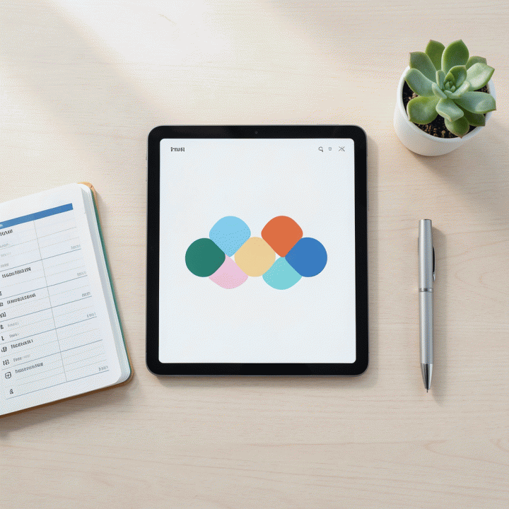 Pandangan datar overhead dari alat produktivitas di atas meja, menampilkan planner digital dan catatan fisik yang rapi dengan tanaman hias kecil.
