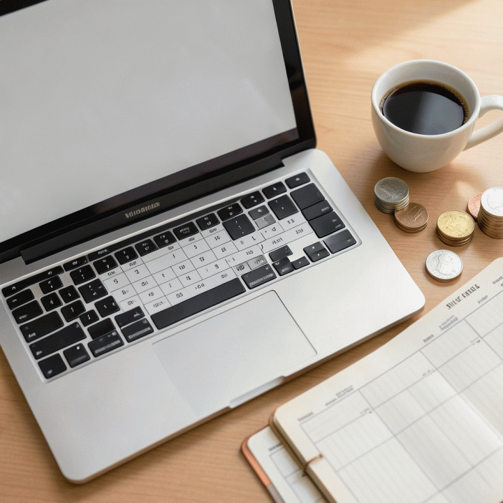 Tampilan atas (flat lay) peralatan perencanaan keuangan yang rapi dan terorganisir, termasuk laptop berisi spreadsheet anggaran, koin, dan buku catatan.