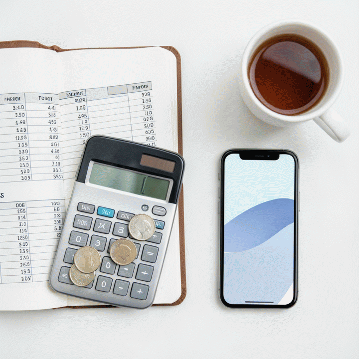 Tampilan atas (flat lay) peralatan keuangan esensial yang tersusun rapi: buku catatan, kalkulator, koin, dan smartphone yang menunjukkan aplikasi pelacak anggaran, melambangkan perencanaan finansial yang matang.