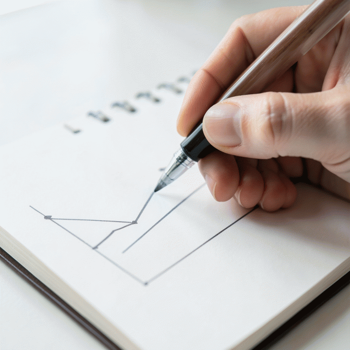 Tangan yang membuat grafik tren kenaikan di buku catatan, melambangkan pertumbuhan finansial dan pelunasan utang.