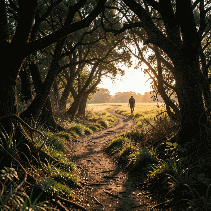 Path from dark forest to sunny meadow symbolizing journey from debt to financial freedom.