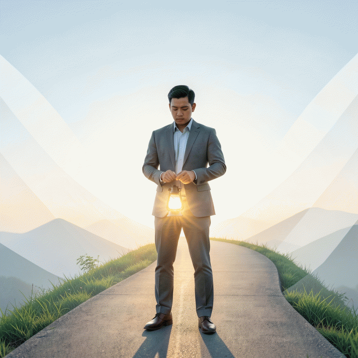Seorang profesional muda Indonesia yang optimis berdiri di awal jalur menuju masa depan finansial yang cerah, melambangkan awal perjalanan bebas utang.