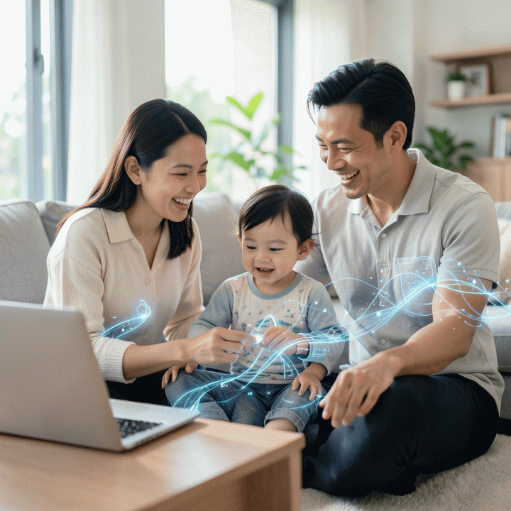 Keluarga Indonesia yang bahagia berinteraksi dengan anak mereka dalam suasana belajar yang mudah dan menyenangkan, didukung oleh teknologi AI.