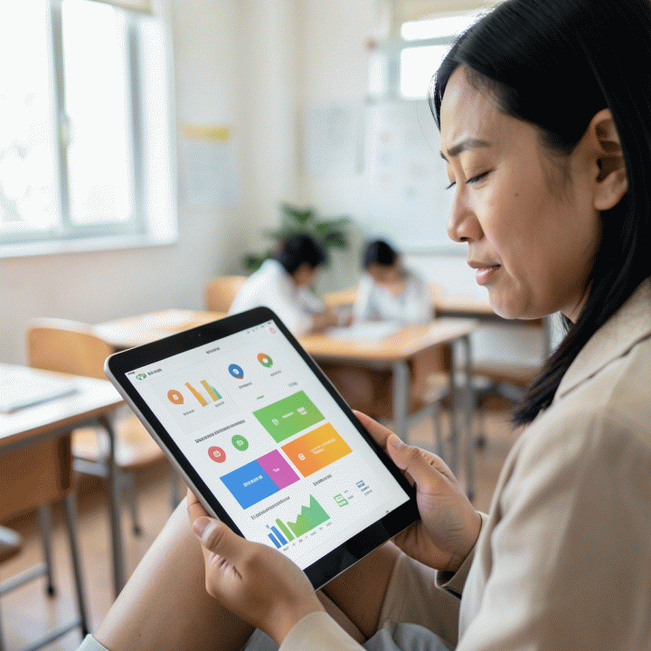 Guru yang tersenyum lega menggunakan tablet AI, menunjukkan efisiensi dalam menyusun materi ajar di kelas.
