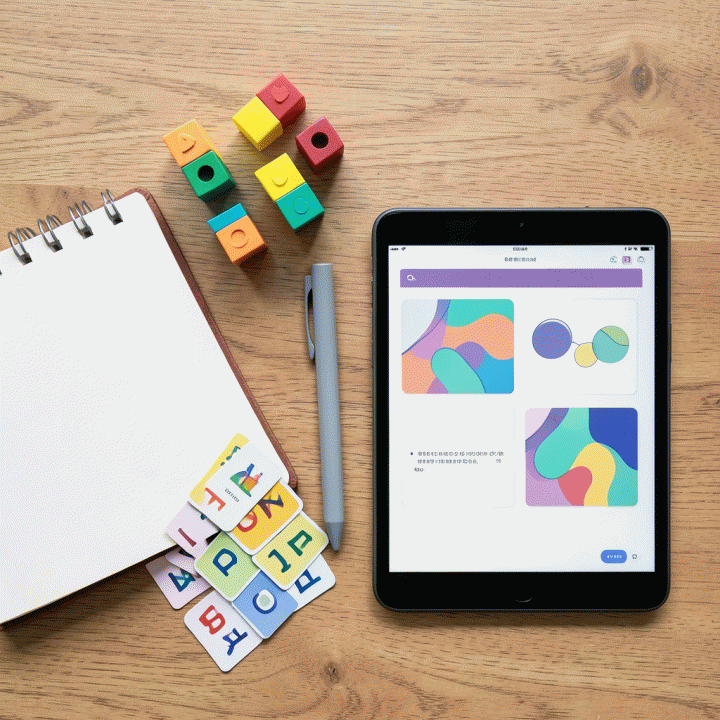 Tata letak meja belajar yang rapi dengan perlengkapan mengajar dan tablet yang menunjukkan materi ajar yang terstruktur, melambangkan kemudahan penyusunan materi.