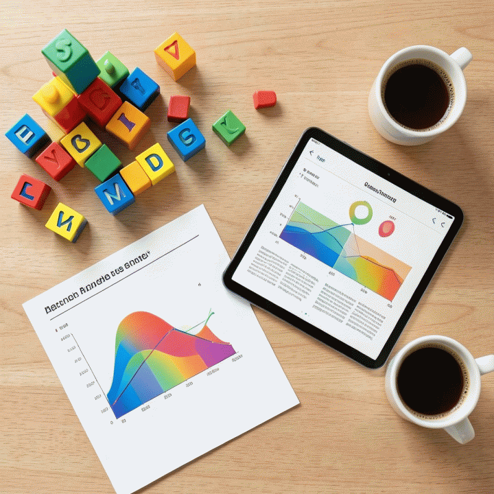 Tata letak meja belajar yang rapi berisi alat peraga anak, tablet AI, dan buku, menunjukkan perencanaan materi yang efisien.