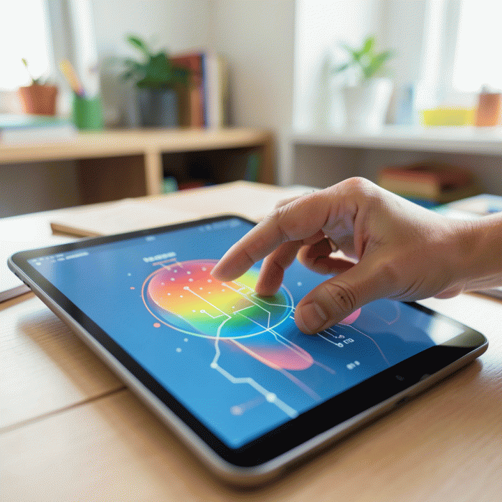 Tangan orang tua dan guru berinteraksi dengan tablet AI, menampilkan visualisasi materi belajar yang menarik.