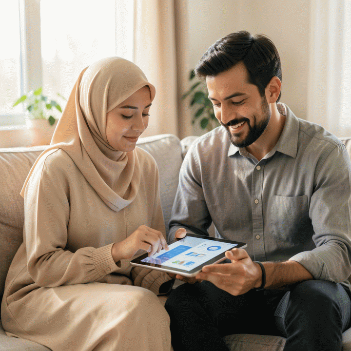 Pasangan muda Muslim yang sedang merencanakan dan meninjau rutinitas harian mereka bersama, menunjukkan dukungan dalam menjaga konsistensi ibadah.