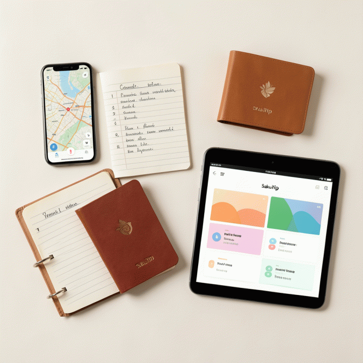 Tampilan datar (flat lay) alat perencanaan perjalanan yang efisien: smartphone, jurnal, paspor, dan tablet yang menampilkan dashboard rencana perjalanan.
