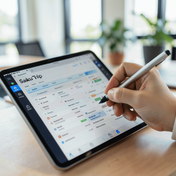 Tangan menggunakan stylus pada tablet yang menampilkan antarmuka spreadsheet perencanaan perjalanan yang terorganisir, menunjukkan kemudahan input data.