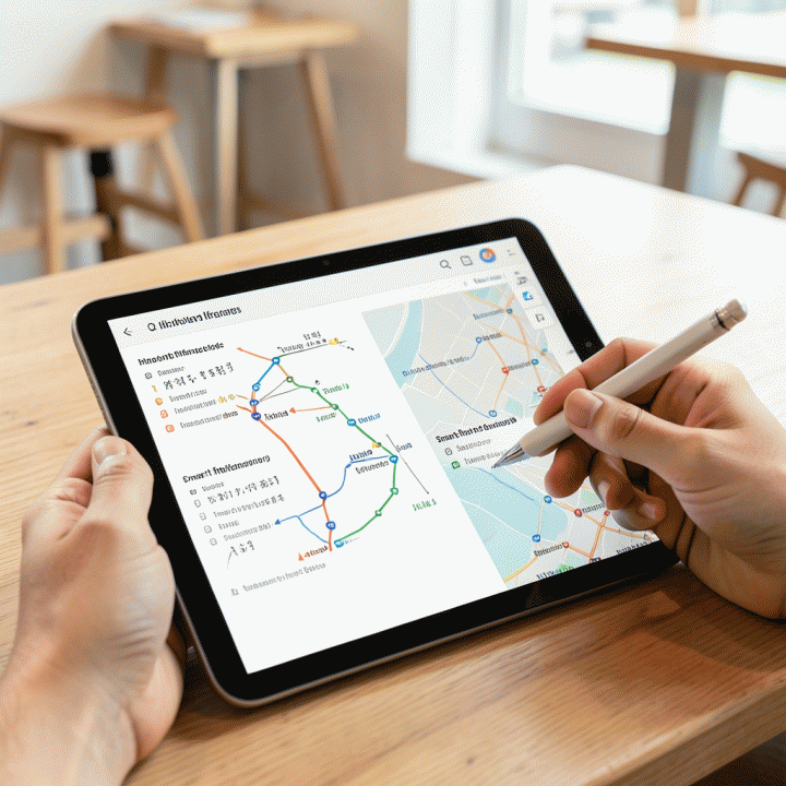 Pengguna sedang membandingkan dua rencana perjalanan di tablet, menunjukkan keunggulan perencanaan yang terstruktur dan optimal menggunakan Travel Planner Digital.