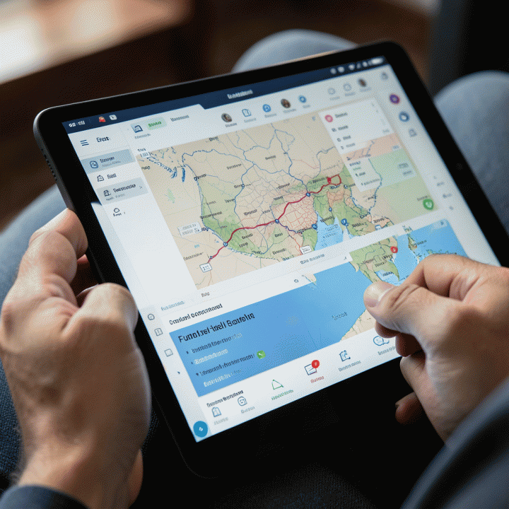 Tangan yang merencanakan perjalanan di aplikasi travel planner digital yang menampilkan data tren dan prediksi masa depan.