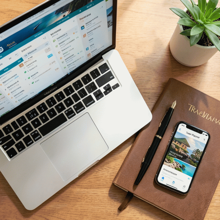 Perlengkapan perencanaan perjalanan yang rapi, menunjukkan kombinasi antara perencanaan digital dan manual.