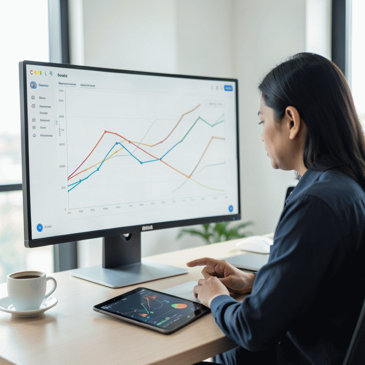 Seorang pemilik UMKM Indonesia yang profesional sedang menganalisis data keuangan dan grafik pertumbuhan profit di ruang kerja modern, menunjukkan proses penentuan harga optimal.