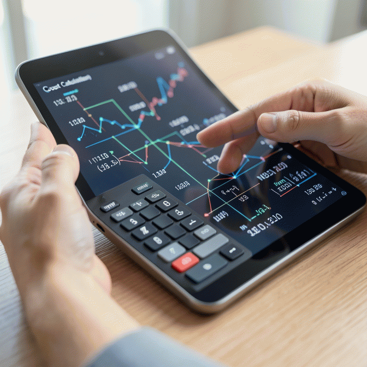 Tangan menganalisis data keuangan dan menghitung HPP menggunakan kalkulator digital atau tablet, menekankan akurasi perhitungan harga.