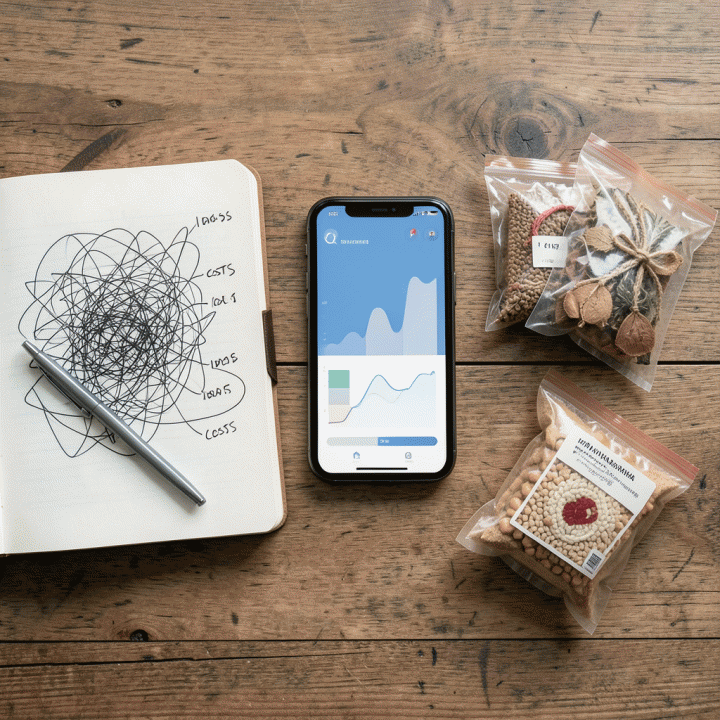 Tata letak flat lay berisi alat-alat bisnis seperti buku catatan, ponsel dengan dashboard keuangan abstrak, dan produk UMKM, melambangkan perencanaan bisnis yang terukur.