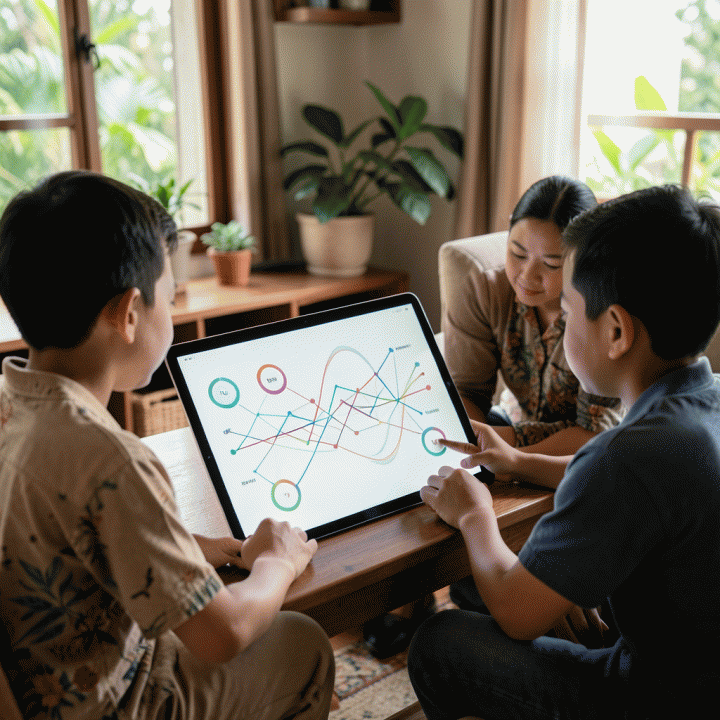 Keluarga sedang berdiskusi sambil melihat tablet digital yang menampilkan grafik atau diagram alir abstrak tentang perencanaan keuangan, menunjukkan kolaborasi dalam pengelolaan anggaran.