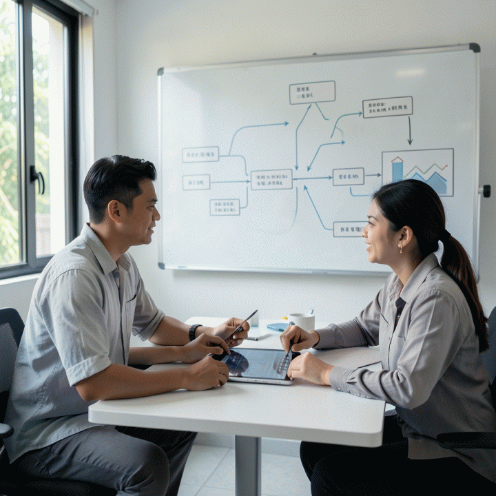 Duo profesional Indonesia bekerja sama di meja kerja modern, berdiskusi tentang diagram alir kerja terstruktur dan perencanaan proyek di papan digital.