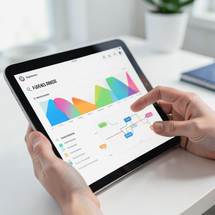 Tangan menggunakan tablet digital yang menampilkan antarmuka perencanaan tugas dan progres kerja yang terorganisir.