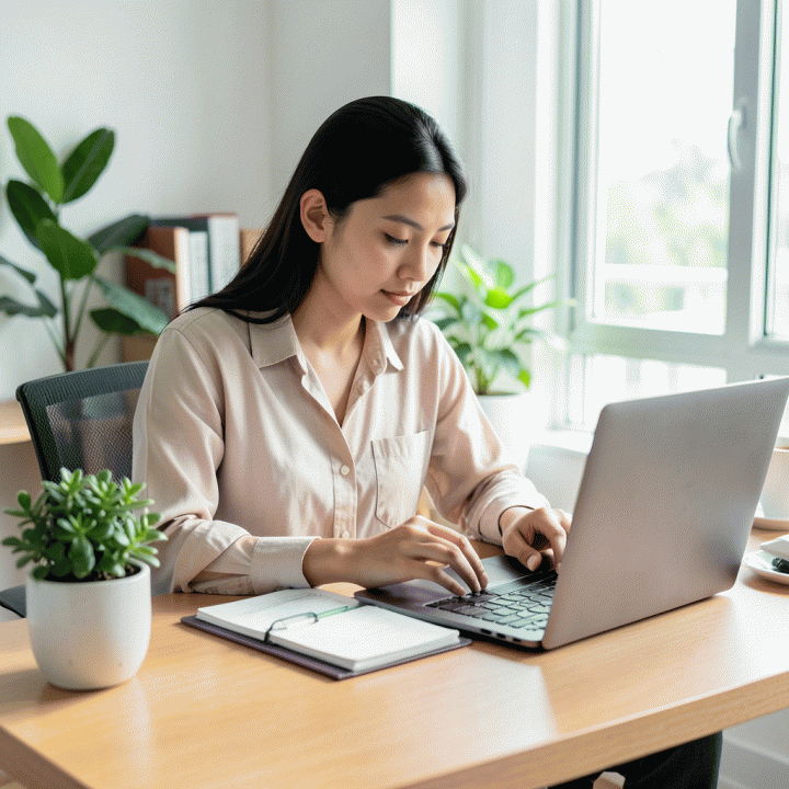 Seorang profesional muda Indonesia sedang bekerja di meja kerja yang rapi dengan laptop dan planner, menunjukkan suasana produktivitas dan manajemen waktu yang terorganisir.