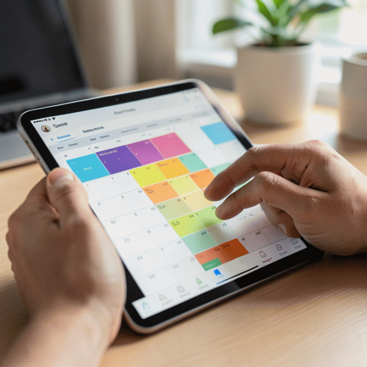 Tangan menggunakan tablet untuk menjadwalkan atau membuat jadwal di aplikasi perencanaan waktu digital.