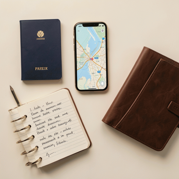 Komposisi flat lay berisi perlengkapan perencanaan perjalanan: paspor, smartphone peta, buku catatan, dan planner, menunjukkan kesiapan traveling.