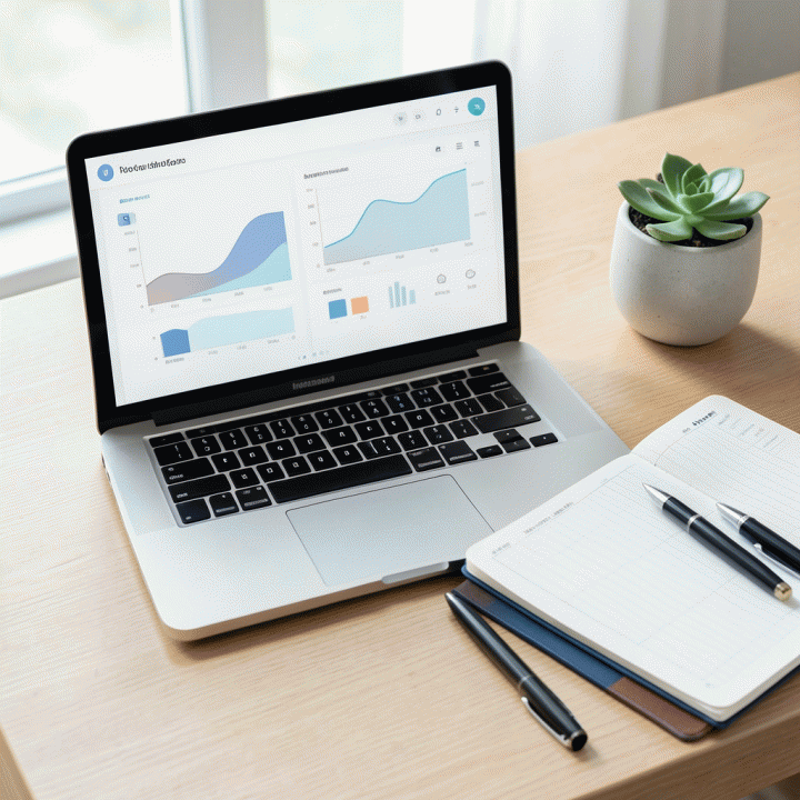 Komposisi flat lay modern di atas meja kayu dengan laptop menampilkan dashboard keuangan abstrak, buku agenda, dan tanaman sukulen, melambangkan perencanaan dan produktivitas.