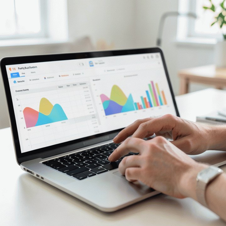 Tangan yang sedang berinteraksi dengan spreadsheet anggaran keluarga di laptop, menampilkan grafik keuangan yang terstruktur dan abstrak.