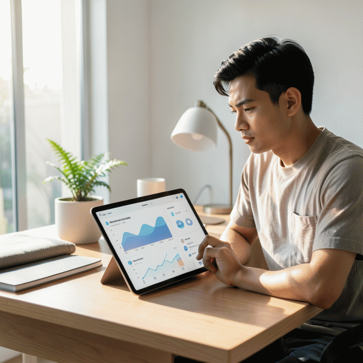Seorang profesional muda Indonesia bekerja di meja modern yang rapi dengan tablet yang menampilkan antarmuka manajemen proyek yang efisien, menunjukkan suasana produktivitas dan fokus.