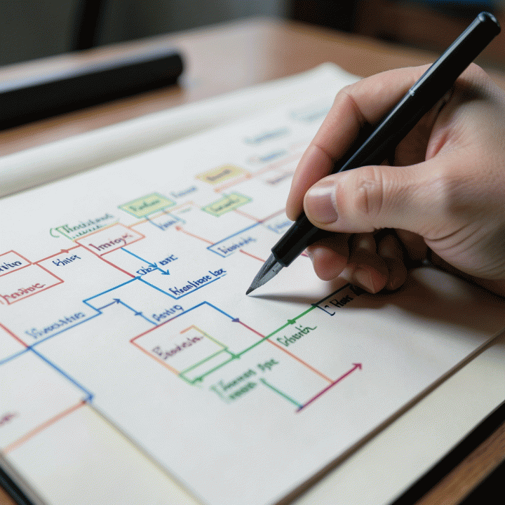 Tangan seseorang yang sedang membuat diagram alir atau garis waktu terorganisir di papan tulis, melambangkan perencanaan proyek yang efisien.