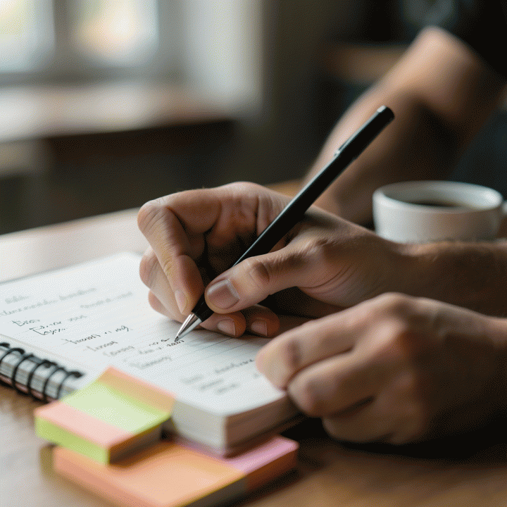 Tangan yang sedang menulis di buku agenda, dikelilingi oleh alat-alat perencanaan seperti sticky notes, menunjukkan proses manajemen waktu.
