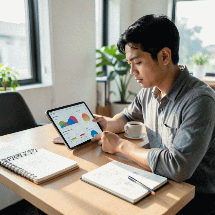 Seorang profesional muda Indonesia bekerja di meja kerja yang rapi dan modern, menggunakan tablet untuk merencanakan proyek dan perjalanan, melambangkan produktivitas dan manajemen waktu yang optimal.