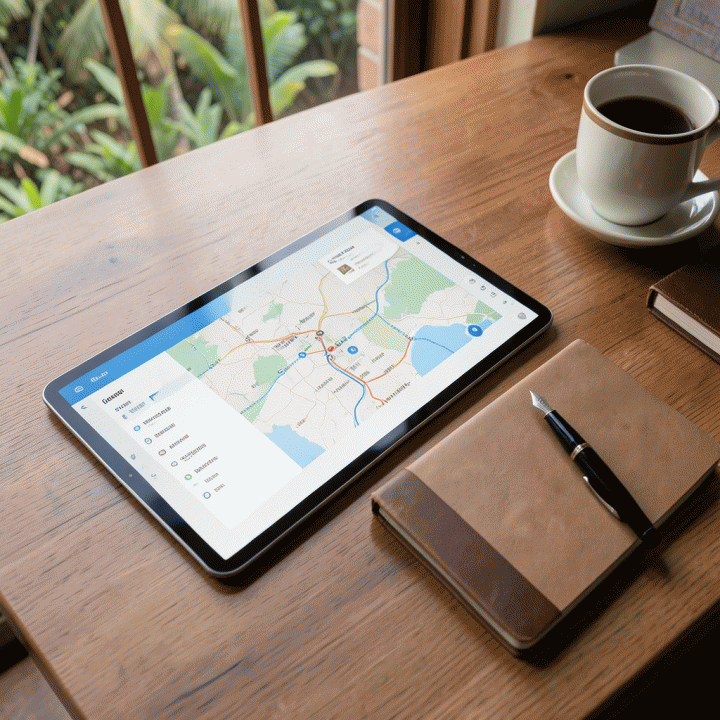 Meja kerja yang rapi dengan tablet berisi perencanaan perjalanan dan alat tulis, siap untuk meningkatkan produktivitas dan merencanakan proyek.
