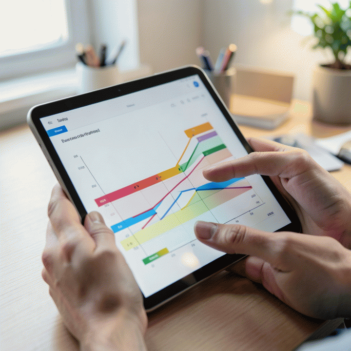Tangan sedang menggunakan aplikasi digital di tablet untuk mengatur jadwal dan memvisualisasikan alur proyek yang kompleks.