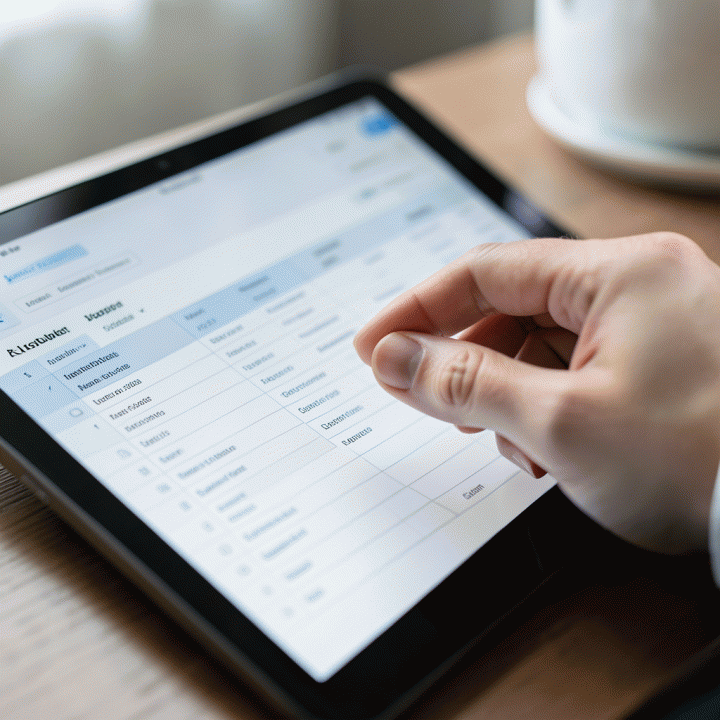 Tangan yang sedang berinteraksi dengan antarmuka spreadsheet digital yang rapi di tablet, menunjukkan fitur pelacakan anggaran dan jadwal perjalanan.