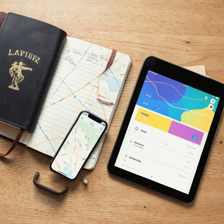 Tata letak foto (flat lay) yang menunjukkan perlengkapan perjalanan yang terorganisir seperti paspor, buku catatan, smartphone, dan tablet dengan dasbor itinerary, melambangkan perencanaan perjalanan yang lengkap.