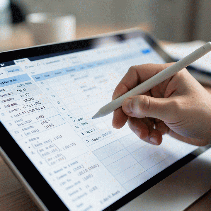Tangan yang sedang memasukkan data ke dalam spreadsheet digital di tablet, melambangkan manajemen informasi yang terstruktur.