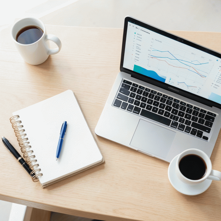 Tata letak datar (flat lay) yang berisi alat-alat produktivitas seperti buku catatan, pena, dan laptop dengan tampilan spreadsheet abstrak.